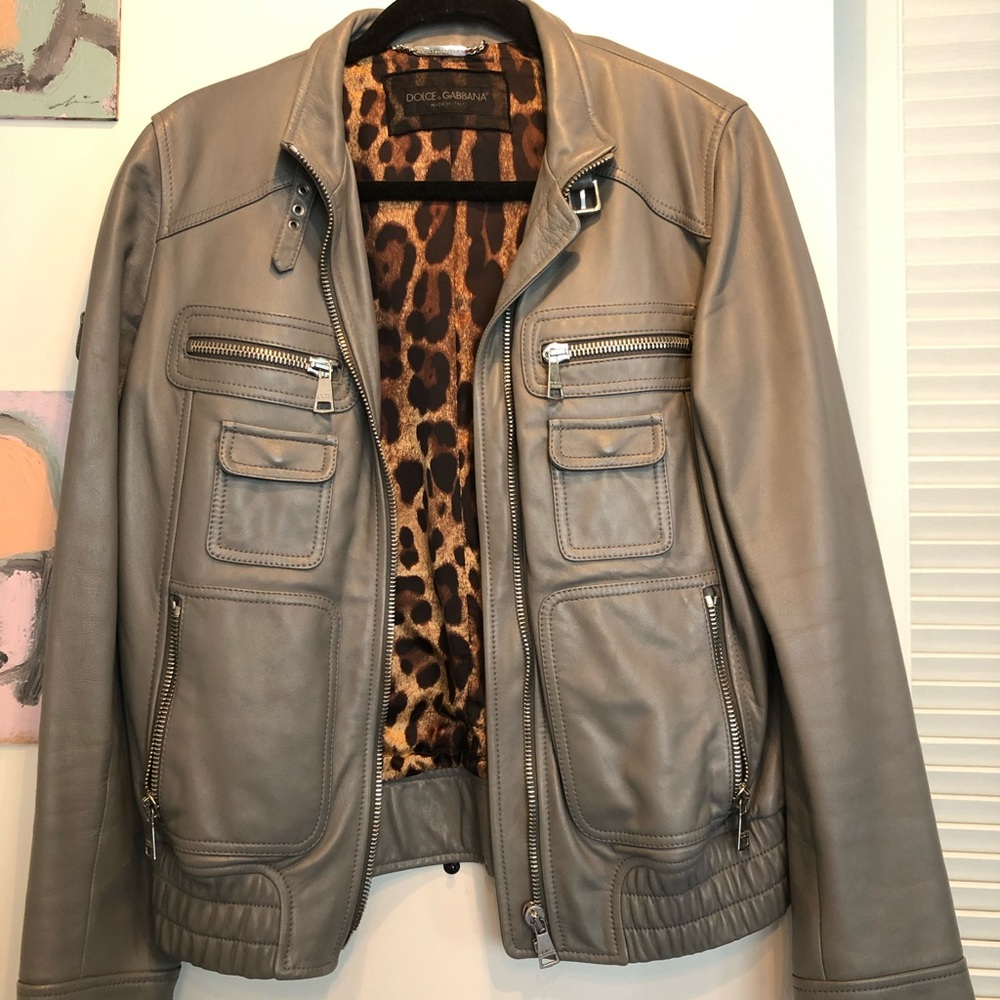 Dolce & Gabbana Grey Leather Jacket Leopard Print